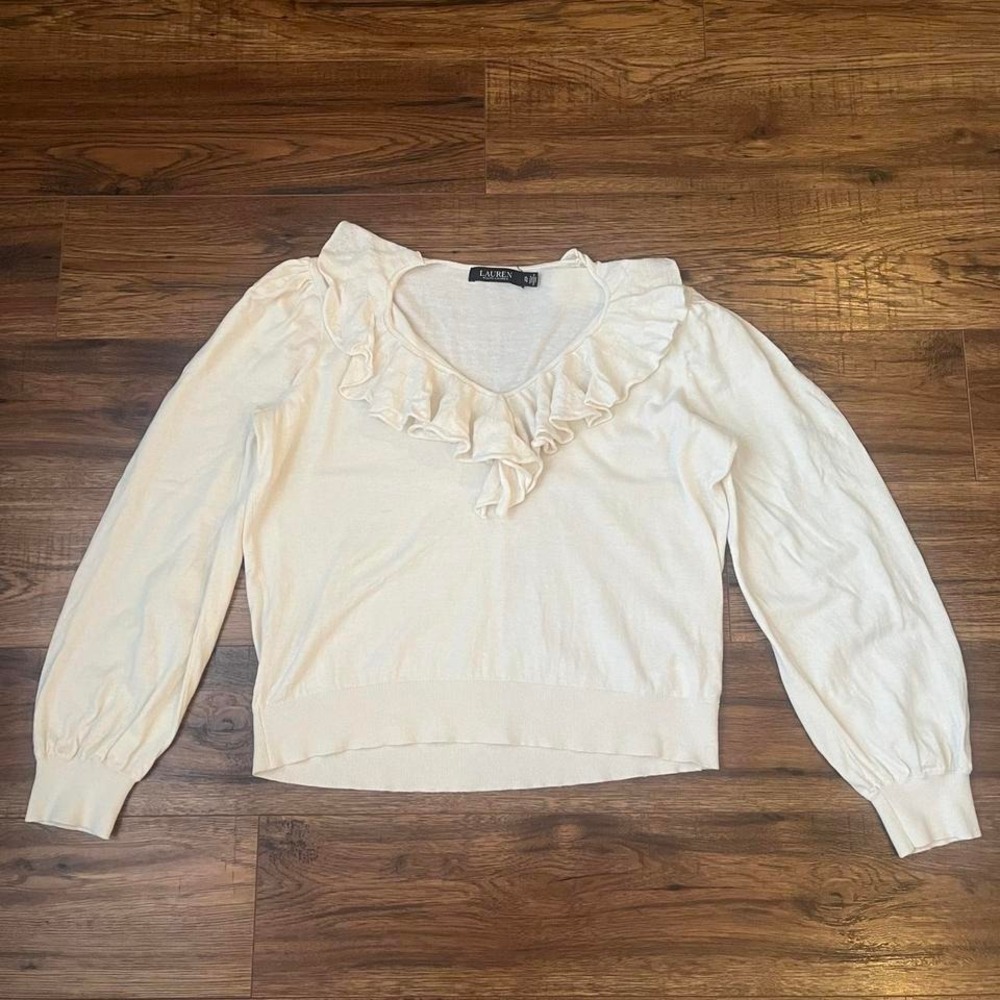 Ralph‎ Lauren Ruffle Sweater Cream V Neck Knit Coquette Preppy Elevated Basic